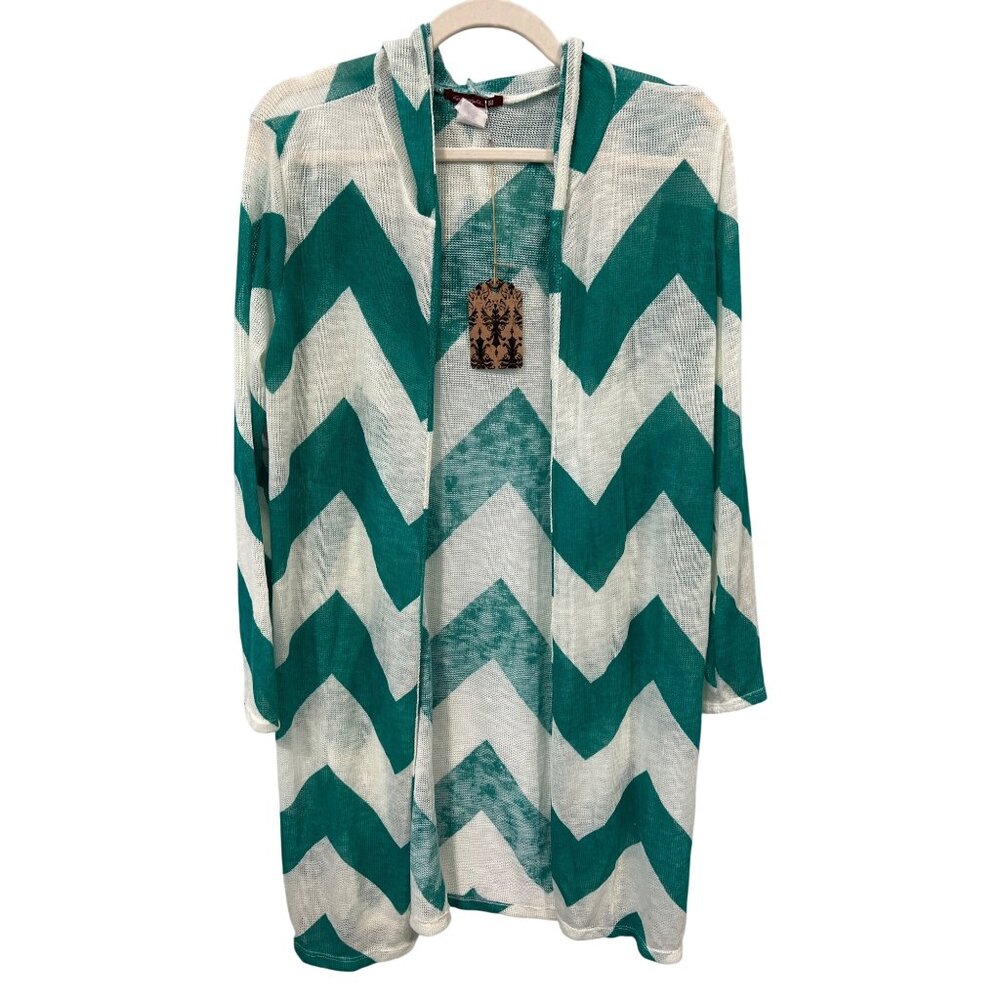 Sievergate Chevron Open Front Hooded Cardigan Size Large Green White Relaxed NEW